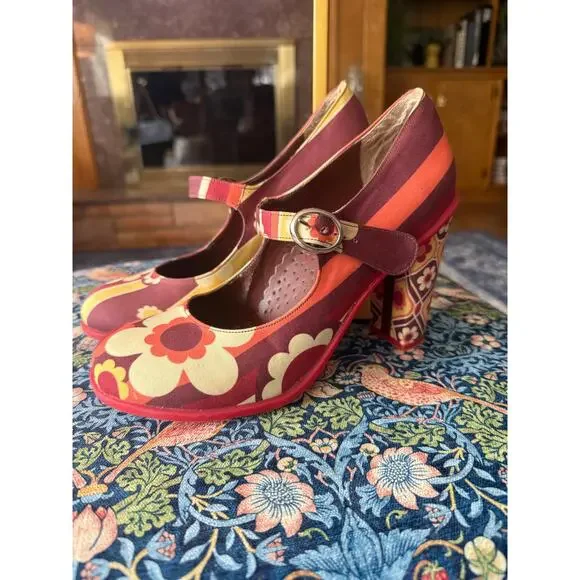 Hot Chocolate Design Mary Jane Heel Shoes 1970s Mod Floral Print Sz. 39 - Picture 10 of 10